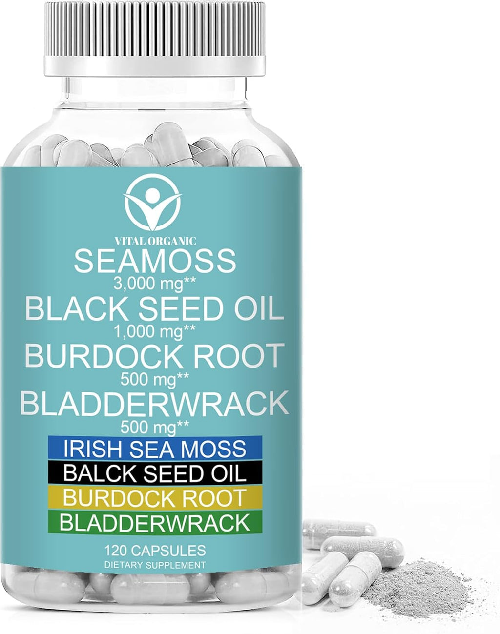 Cápsulas de Musgo Marino Orgánico 3000mg + Aceite de Semilla Negra 1000mg + Raíz de Bardana + Fucus - 120 Cápsulas Veganas