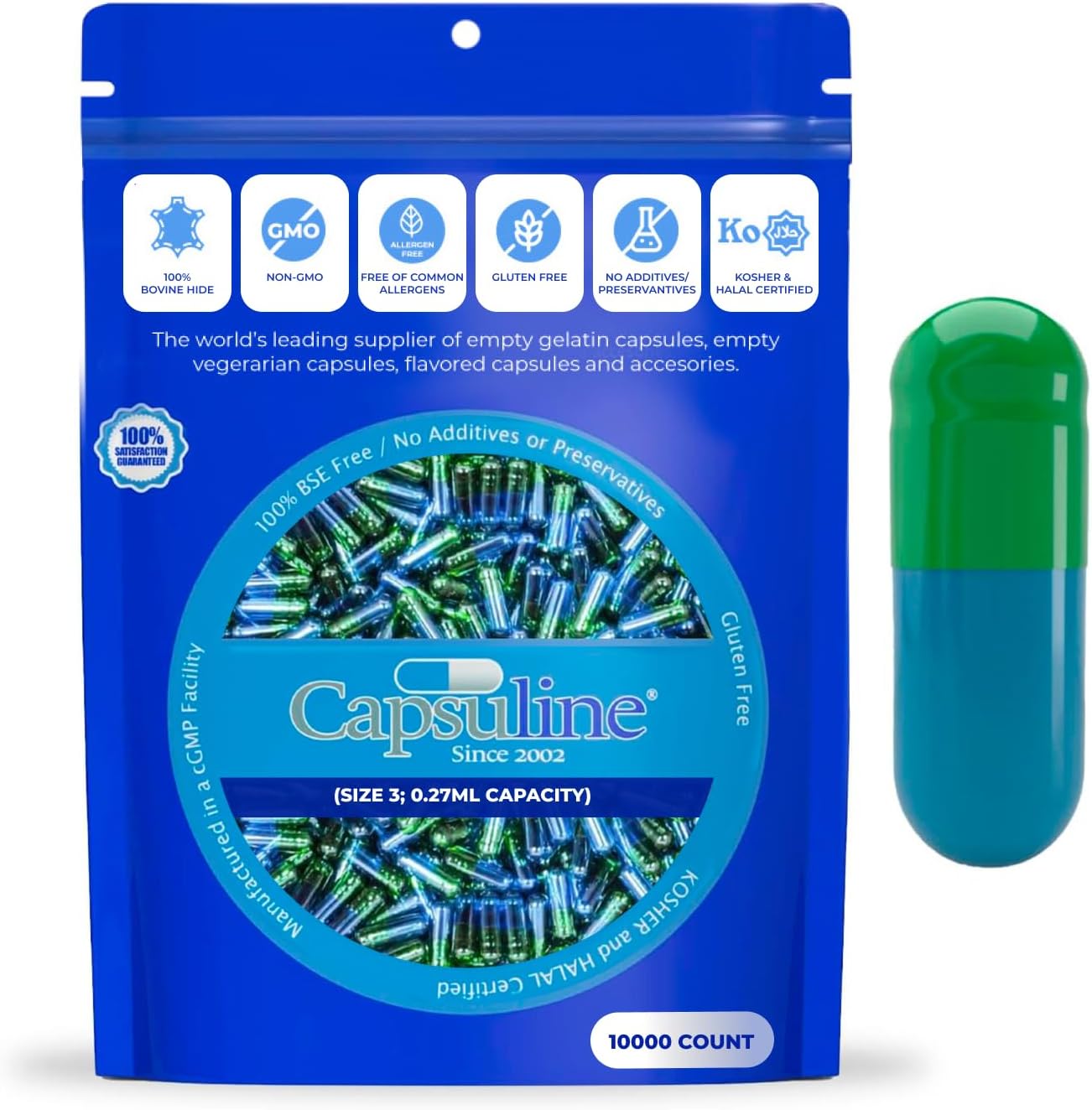Cápsulas de Gelatina Vacías de Color Tamaño 3 Verde/Azul 10000 Unidades | Certificadas Kosher y Halal | Sin Gluten