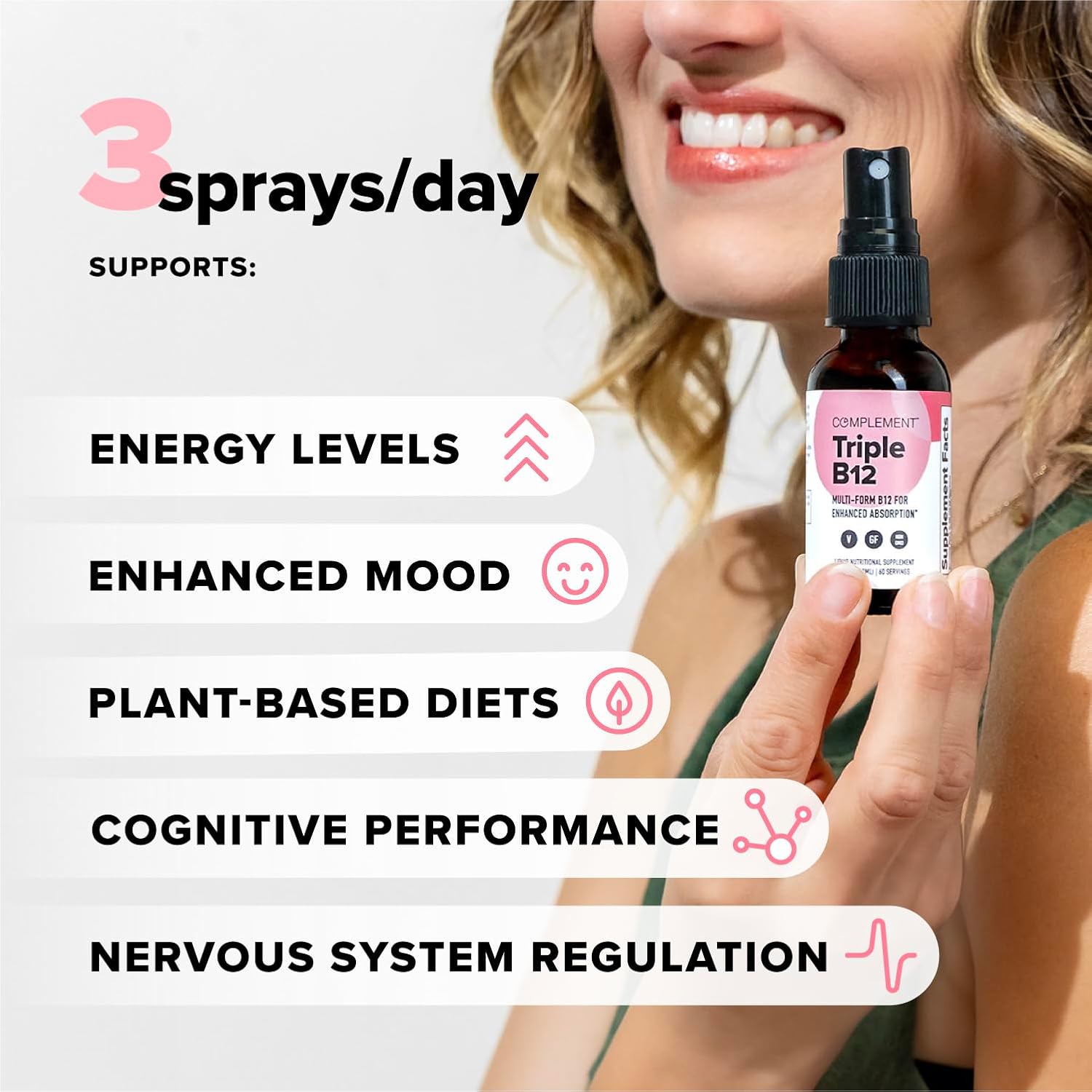 Complement Vegan Vitamin Triple B12 Liquid Spray - 1500 mcg B12 para Energía, Estado de Ánimo, Sistema Nervioso, Función Cognitiva para Niños y Adultos - Mezcla de Frambuesa Complejo B (60 Servicios)