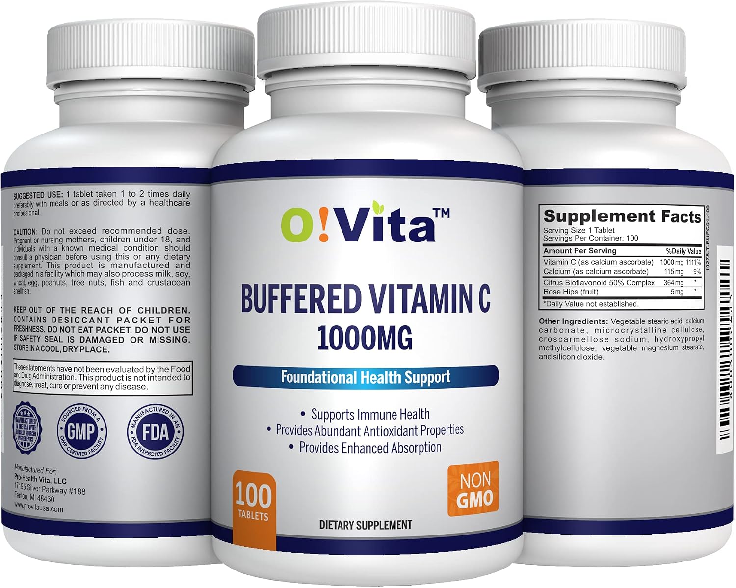 O!VITA Vitamina C Tamponada 1000mg | 100 Comprimidos No-GMO