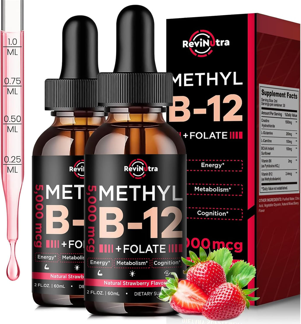 Complejo de Vitamina B12 5000 mcg – Gotas Sublinguales con Metilcobalamina, B6 y Folato – Sabor Fresa Natural – Pack de 2