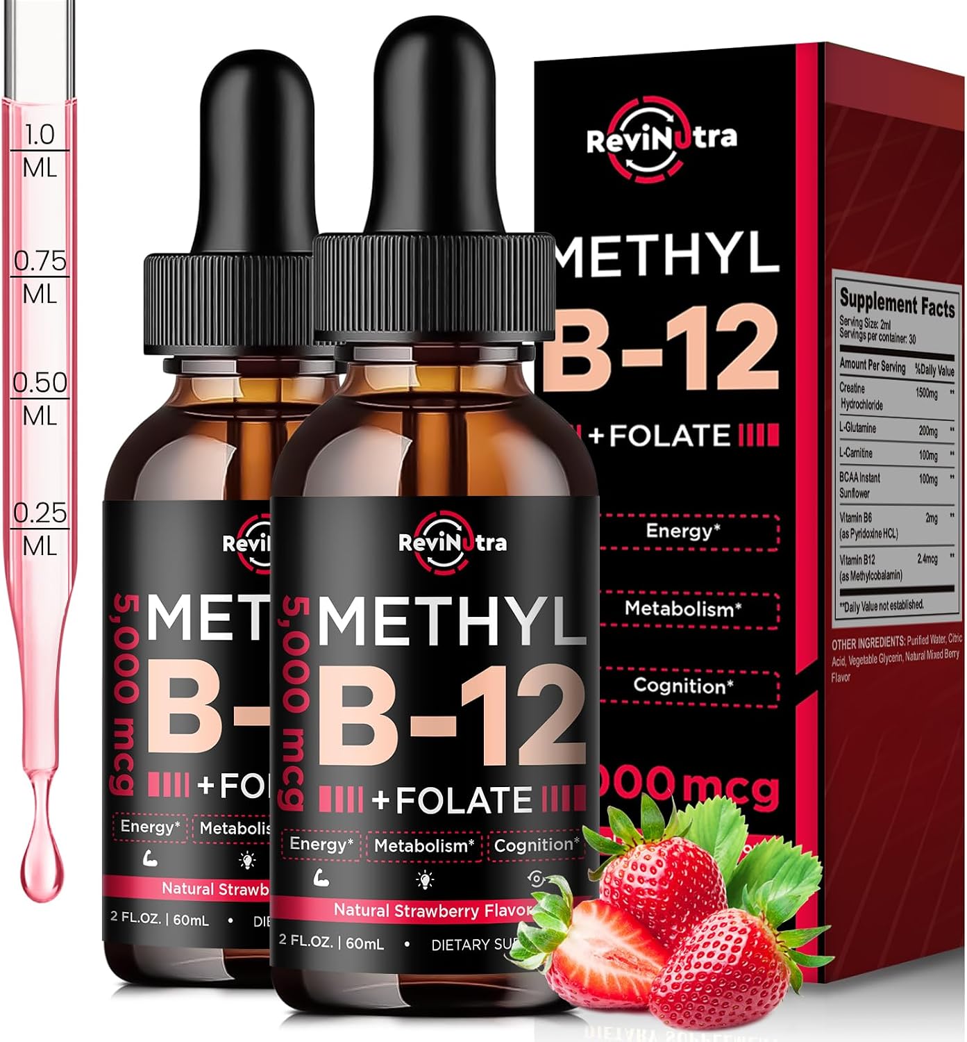 Complejo de Vitamina B12 5000 mcg – Gotas Sublinguales con Metilcobalamina, B6 y Folato – Sabor Fresa Natural – Pack de 2
