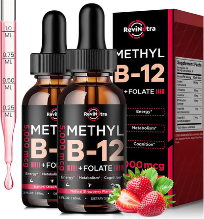 Complejo de Vitamina B12 5000 mcg – Gotas Sublinguales con Metilcobalamina, B6 y Folato – Sabor Fresa Natural – Pack de 2 – Image 1
