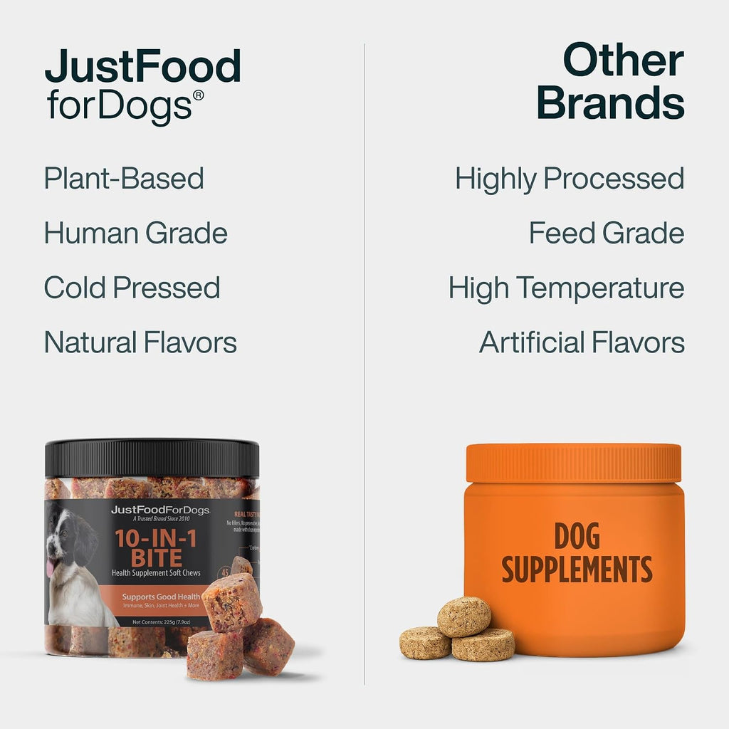JustFoodForDogs 10-en-1 Suplemento para Perros, Masticables Multivitamínicos con Glucosamina y Condroitina, Omega 3, Superalimentos - 45 unidades