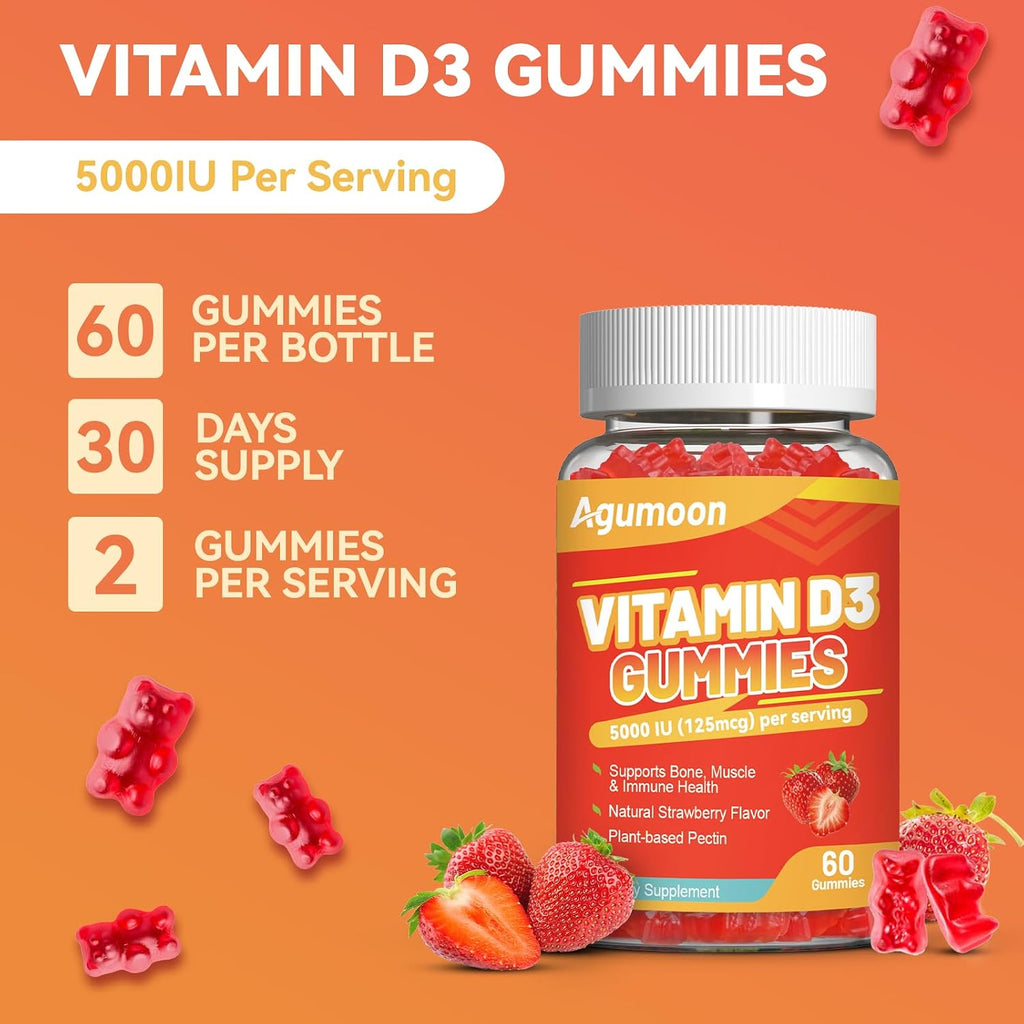 Agumoon Vitamina D3 5000 UI (125 mcg) Gomitas para Adultos - Apoyo Inmune, Huesos y Músculos - Sin Gluten, No GMO, 60 Gomitas Sabor Fresa