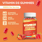 Agumoon Vitamina D3 5000 UI (125 mcg) Gomitas para Adultos - Apoyo Inmune, Huesos y Músculos - Sin Gluten, No GMO, 60 Gomitas Sabor Fresa