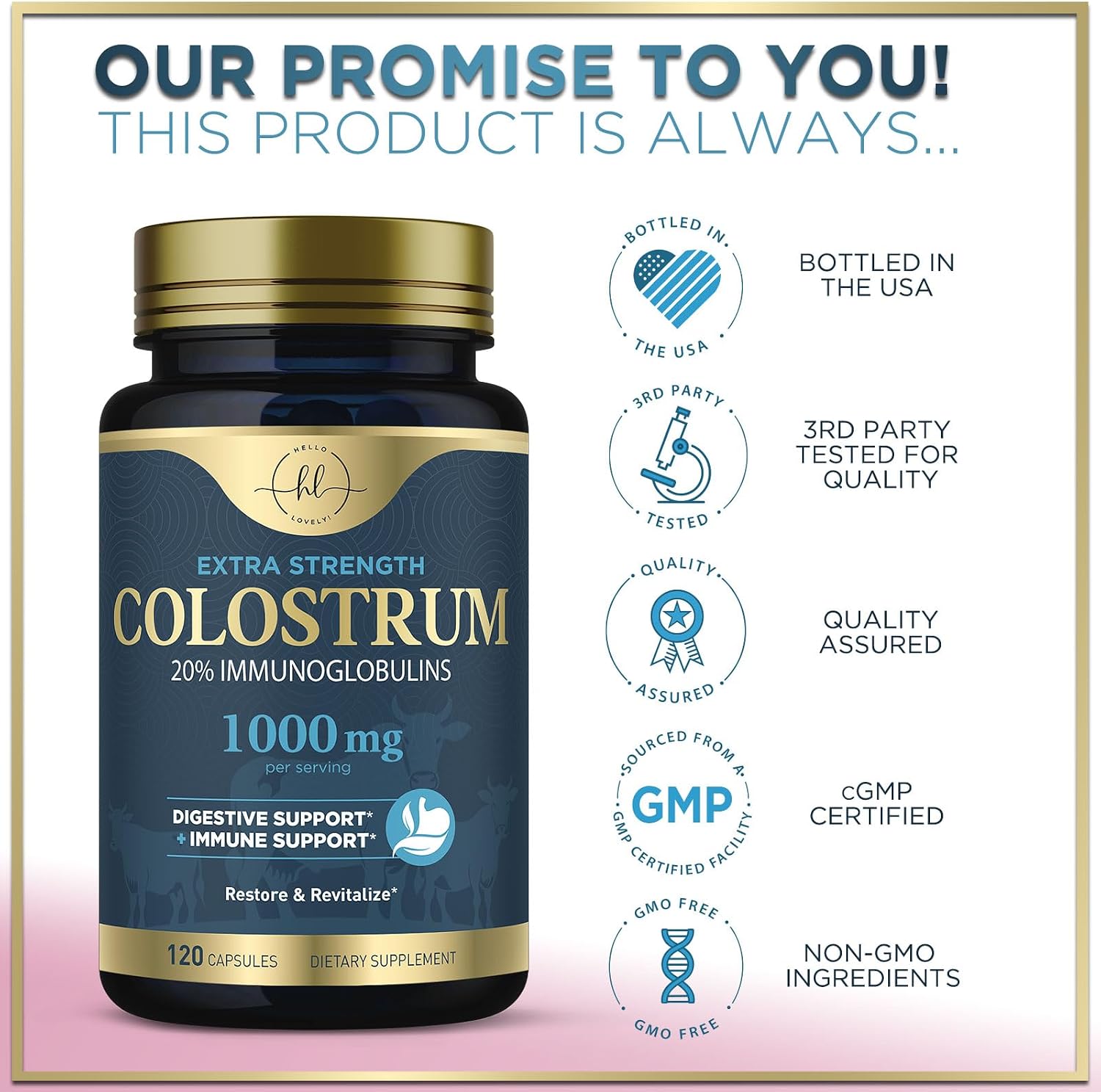 Hello Lovely! Colostrum Bovino 1000mg – 120 Cápsulas – Apoyo Digestivo e Inmune