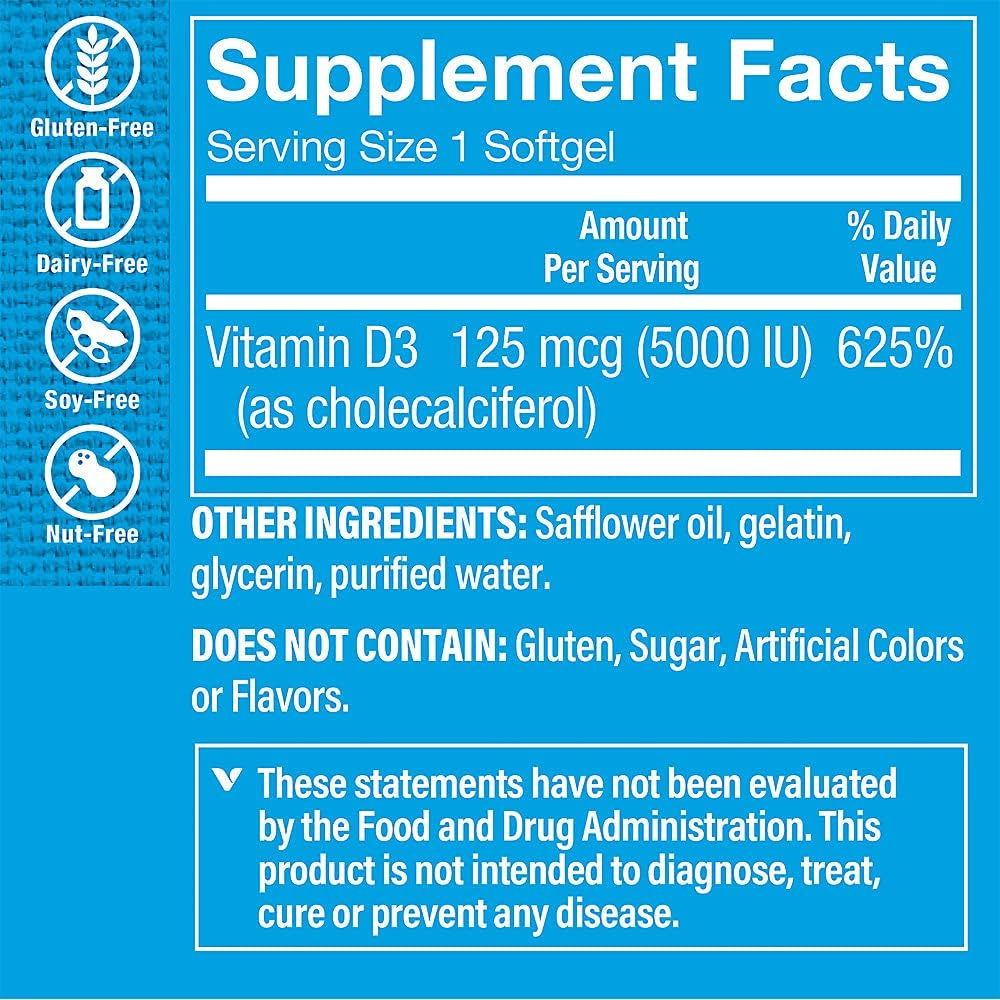 Vitamina D3 5000 UI - The Vitamin Shoppe | 100 Cápsulas Blandas | Sin Gluten