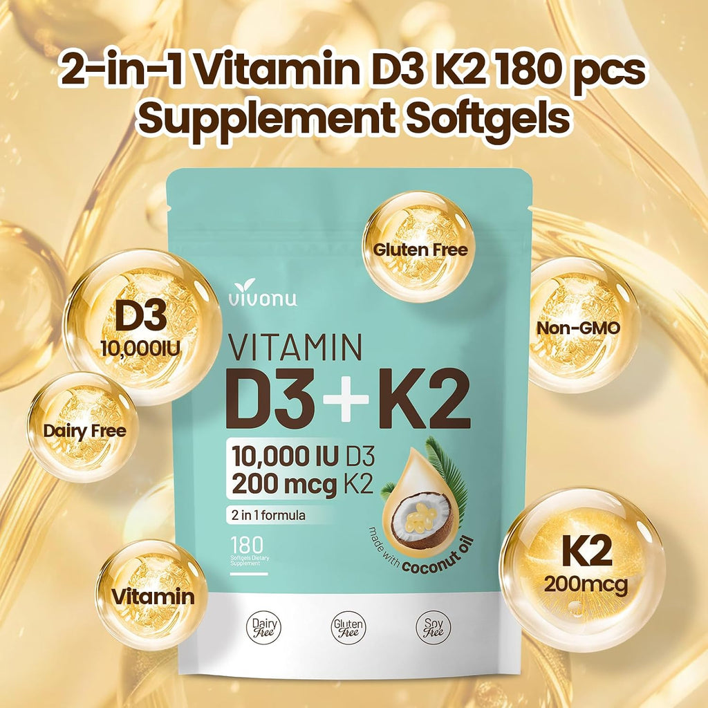 VivoNu Vitamina D3 K2 10000 UI con MK-7 y Aceite de Coco Virgen - 300 Cápsulas Blandas