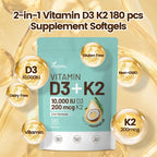 VivoNu Vitamina D3 K2 10000 UI con MK-7 y Aceite de Coco Virgen - 300 Cápsulas Blandas