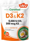 VEV Corefeel Vitamina D3 K2, 5000 UI D3 + 100 mcg K2 (MK-7), 300 Cápsulas Blandas