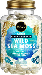 MAJU 4-en-1 Cápsulas de Musgo Marino Orgánico, Chondrus Crispus Salvaje con Bladderwrack y Raíz de Bardana, 60 Cápsulas de 500 mg