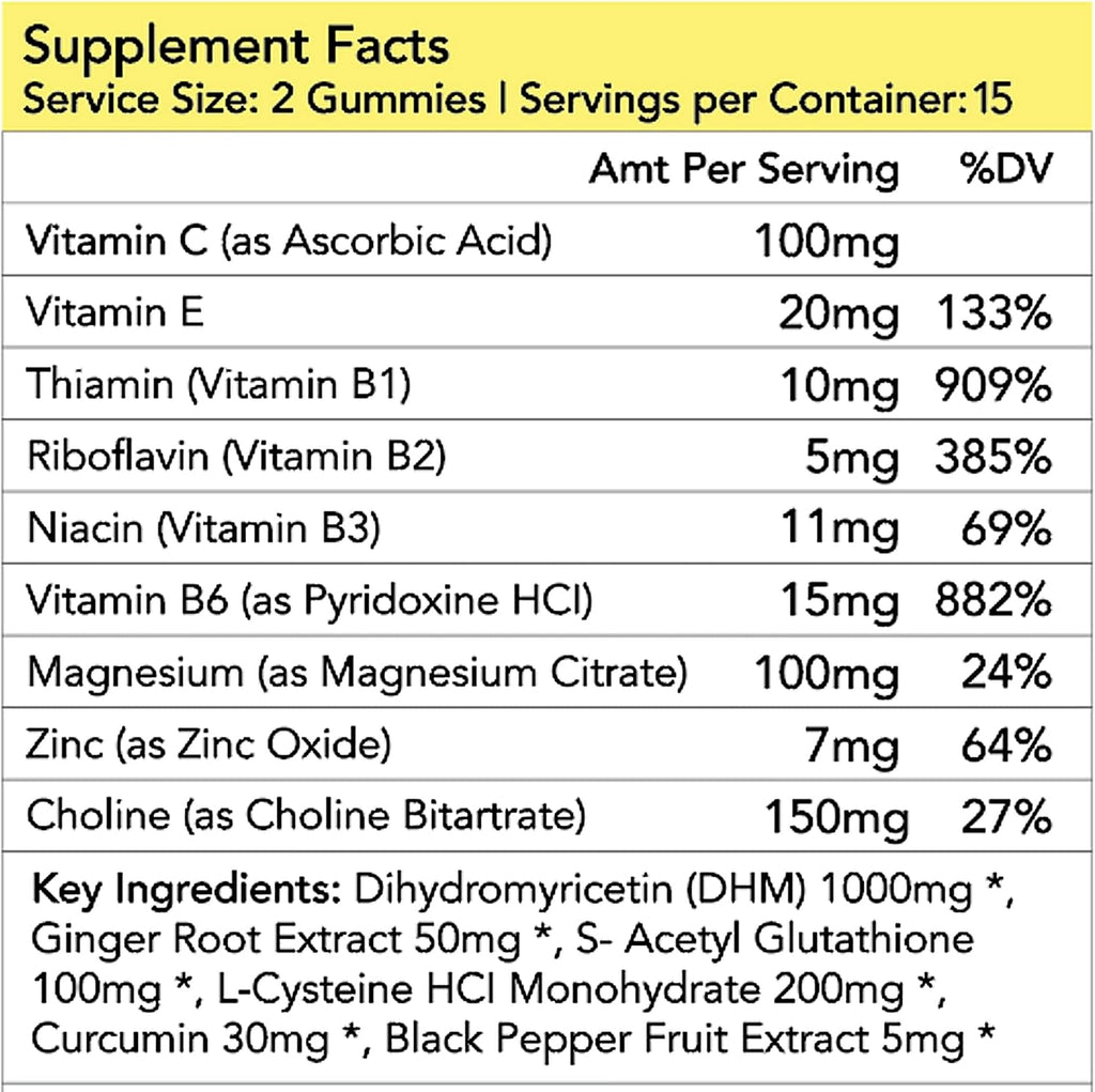 DHM 1000 Dihydromyricetin Gominolas (30 unidades) con Jengibre, HCI y Pimienta Negra - Suplemento Hepático