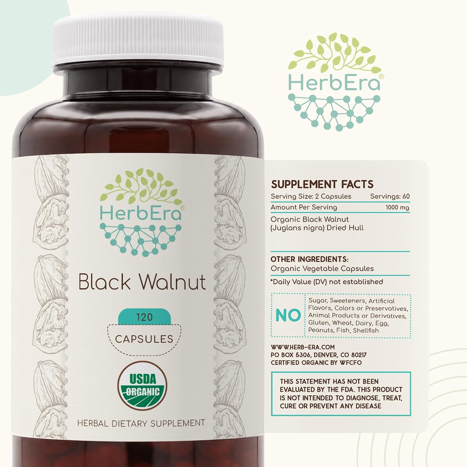 HerbEra Black Walnut 500 mg - Cápsulas Veganas Orgánicas USDA - Apoyo Digestivo y Antioxidante (120 Cápsulas)