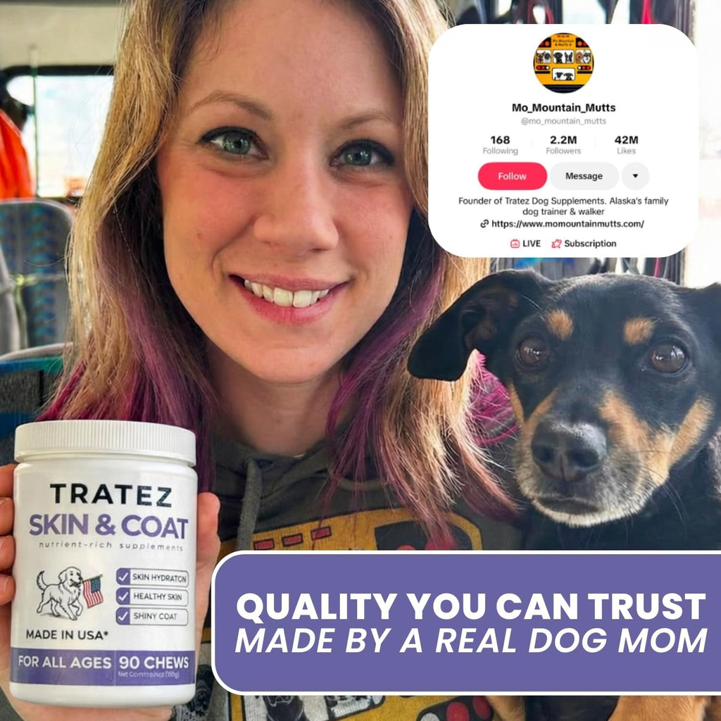 TRATEZ Suplemento para la Piel y Pelaje de Perros - Omega 3 6 9 Aceite de Pescado y Vitamina E Masticables Blandos - Alivio del Picor, Anti-Caída y Apoyo para Pelaje Brillante - 90 Unidades