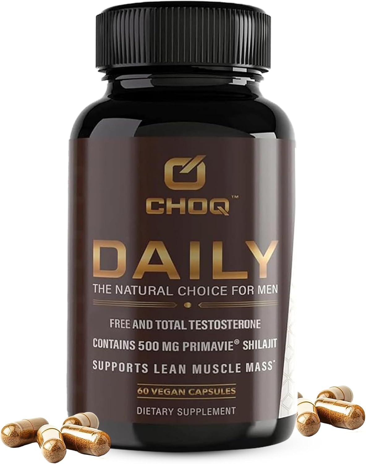 CHOQ Daily con 500mg PrimaVie Shilajit, Safed Musli y Tribulus - Suplemento Diario para Hombres, 60 Cápsulas Veganas