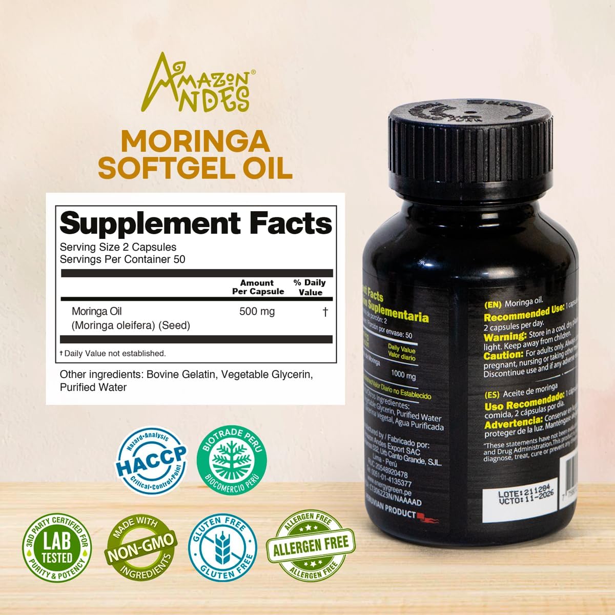 Aceite de Semillas de Moringa en Cápsulas Blandas, 100% Puro, Prensado en Frío, Vegano, No-GMO, 1000mg por Dosis – 100 Cápsulas