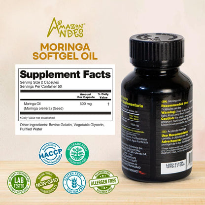 Aceite de Semillas de Moringa en Cápsulas Blandas, 100% Puro, Prensado en Frío, Vegano, No-GMO, 1000mg por Dosis – 100 Cápsulas