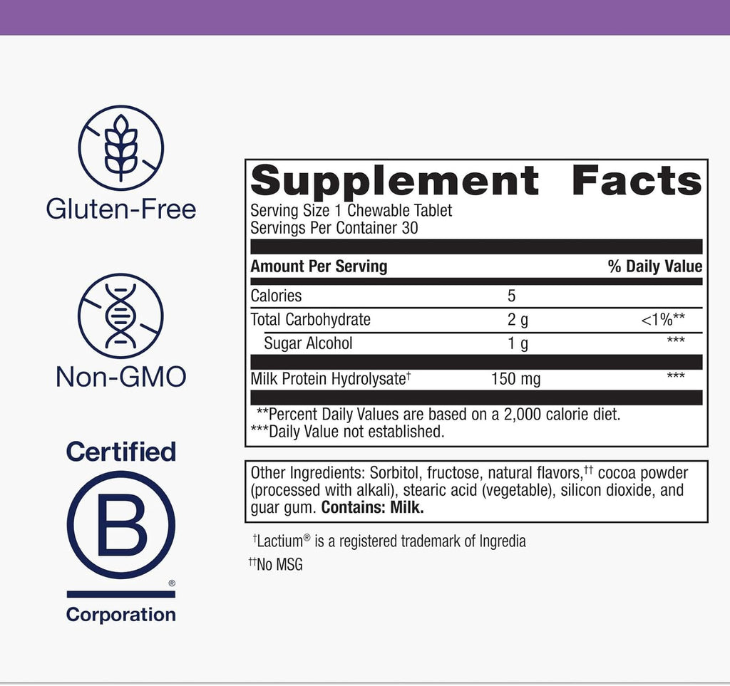 Metagenics NuSera - Complemento Alimenticio para el Estrés y la Relajación con Lactium - 30 Comprimidos Masticables Sabor Chocolate