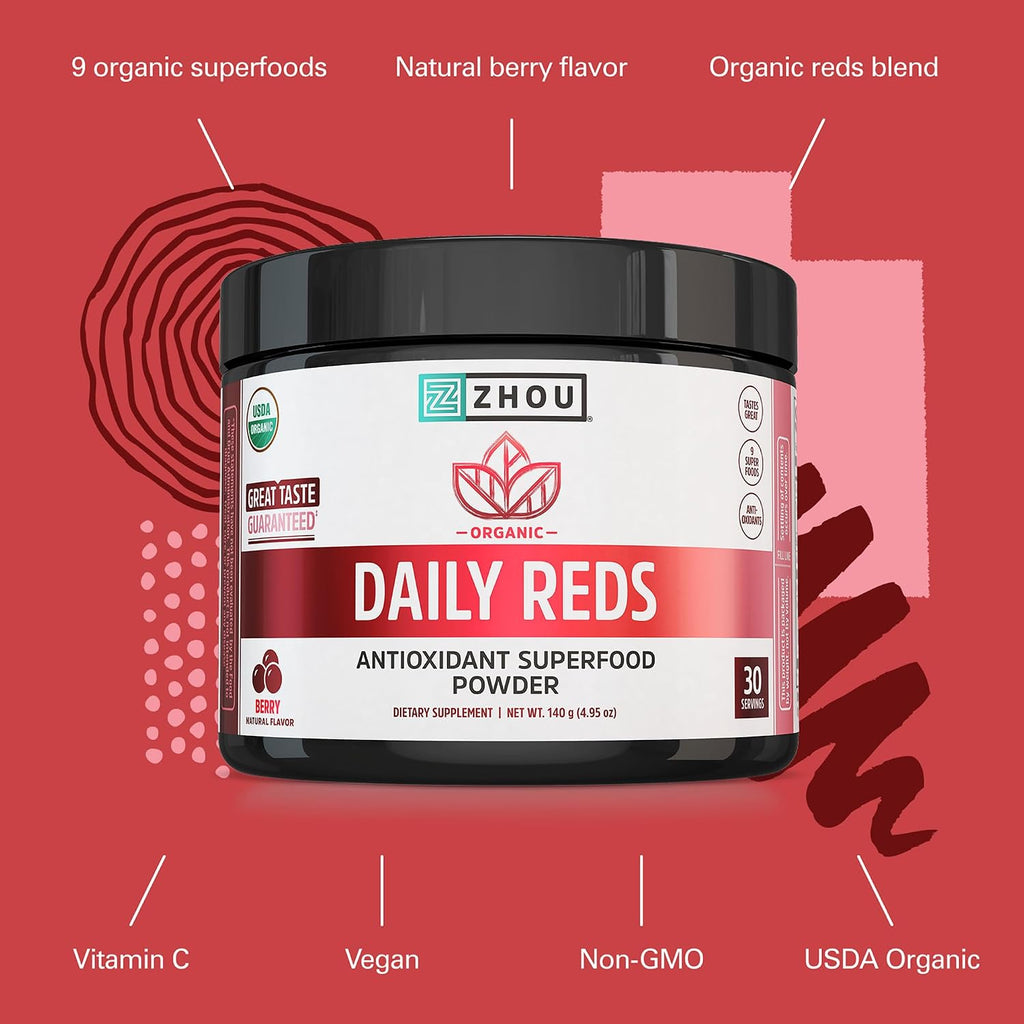 Zhou Organic Reds Powder - Polvo de superalimentos rojos con remolacha, bayas de goji, cereza ácida y arándano, apoyo antioxidante para la salud integral - Sabor natural a bayas, 4.95 oz (30 porciones)