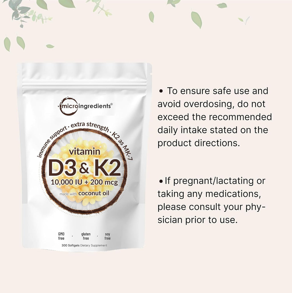 Micro Ingredients Vitamina D3 10000 UI + K2 MK-7 200 mcg, 300 Cápsulas Blandas