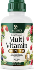 Multivitamínico Líquido Sin Azúcar - Para Mujeres, Hombres y Niños - Vitaminas A, C, D, B12, Biotina y Zinc - Apoya el Crecimiento del Cabello y la Piel - Vegano, No-GMO, Sabor a Bayas, 444 ml