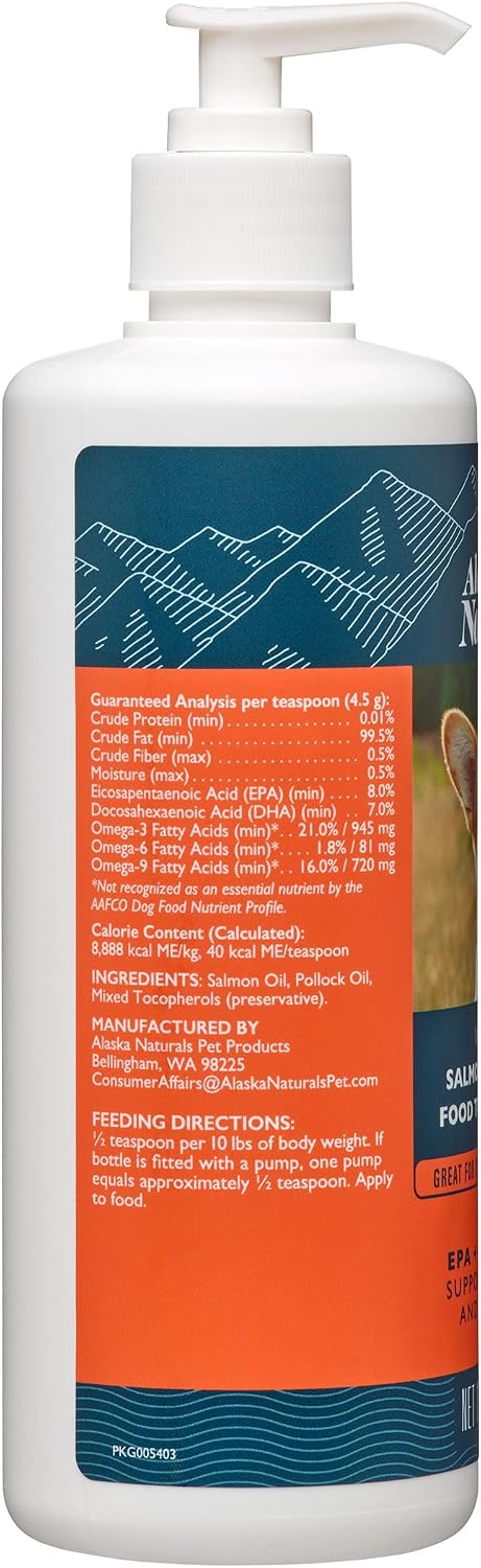 Alaska Naturals – Aceite de Salmón Salvaje de Alaska para Perros – Suplemento Omega 3 EPA y DHA – Piel y Pelaje Saludables – 439 ml (15.5 oz) Bomba Dosificadora