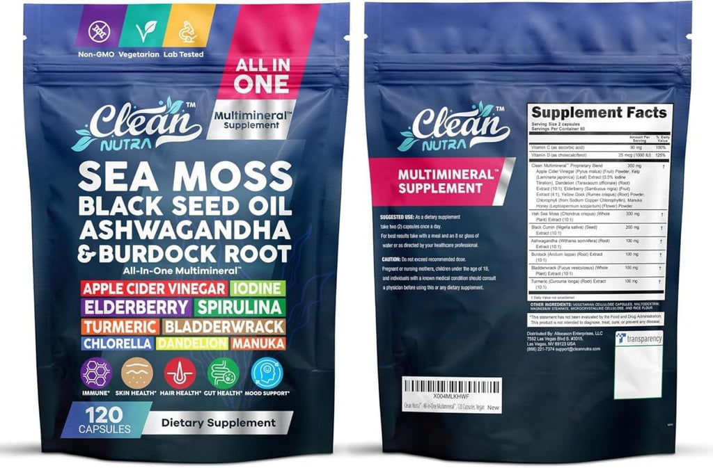 Clean Nutraceuticals Sea Moss Black Seed Oil Ashwagandha Turmeric Bladderwrack Burdock con Vitamina C y D3, 120 cápsulas