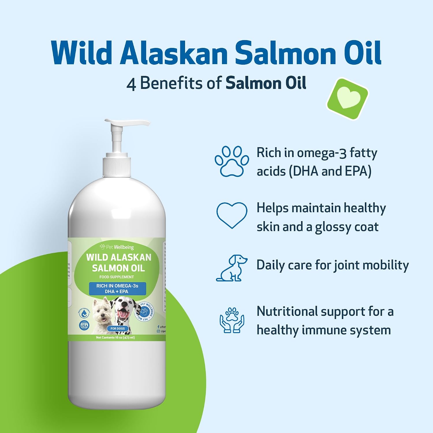 Pet Wellbeing Aceite de Salmón Salvaje de Alaska para Perros - Omega 3 EPA y DHA - 473 ml con Dosificador