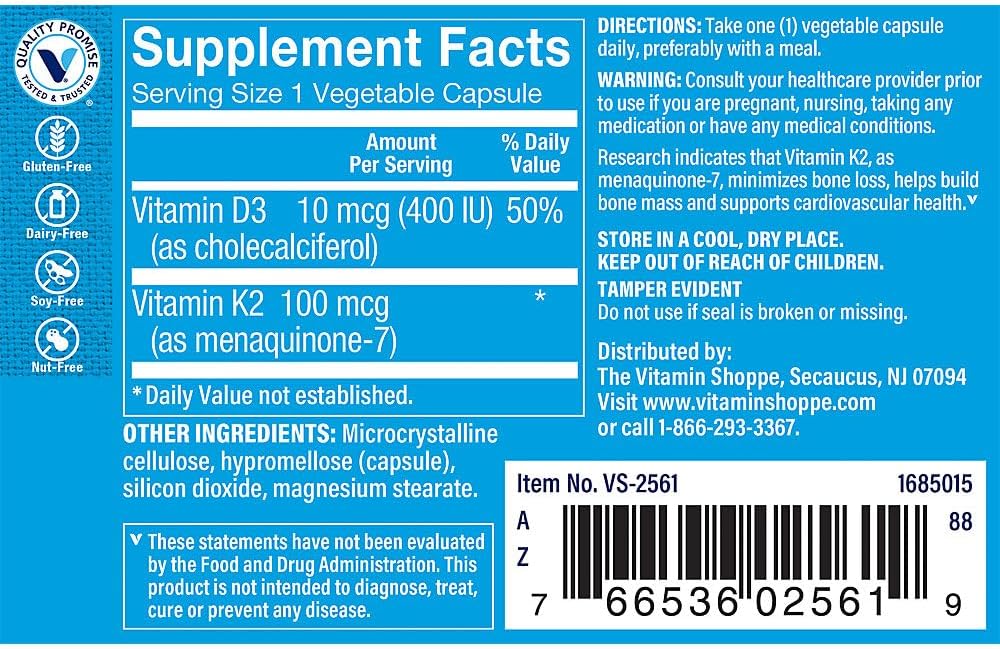The Vitamin Shoppe Vitamina K2 MK-7 100 mcg - Menaquinona-7 | 60 Cápsulas | Vegano