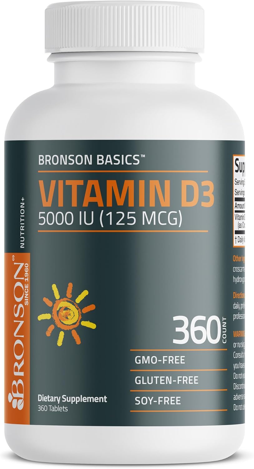 Bronson Vitamina D3 5000 UI (125 mcg) - 360 Comprimidos - No Transgénico, Sin Gluten, Sin Soja