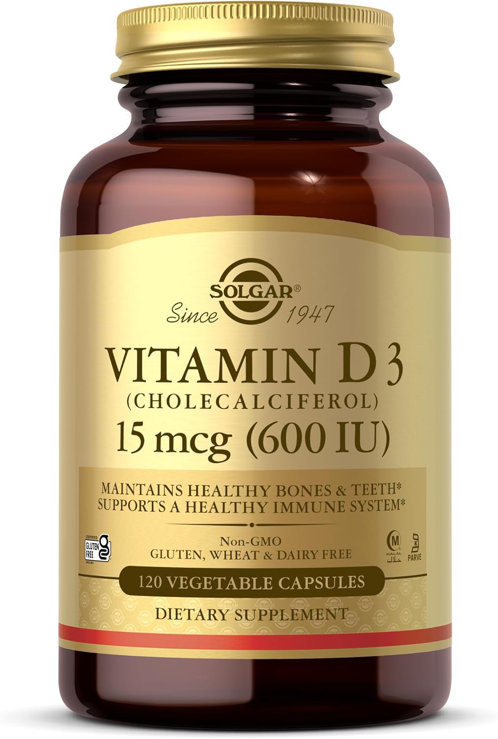 Solgar Vitamin D3 (Cholecalciferol) 15 mcg (600 IU), 120 Vegetable Capsules