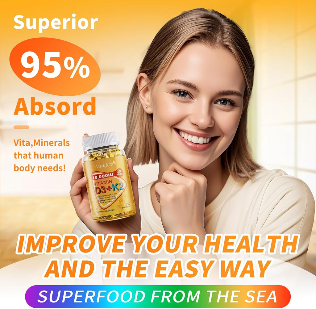 Vitamina D3 y K2 Vegana 10000 UI con MK-7 y Aceite MCT de Coco - 250 Cápsulas Blandas