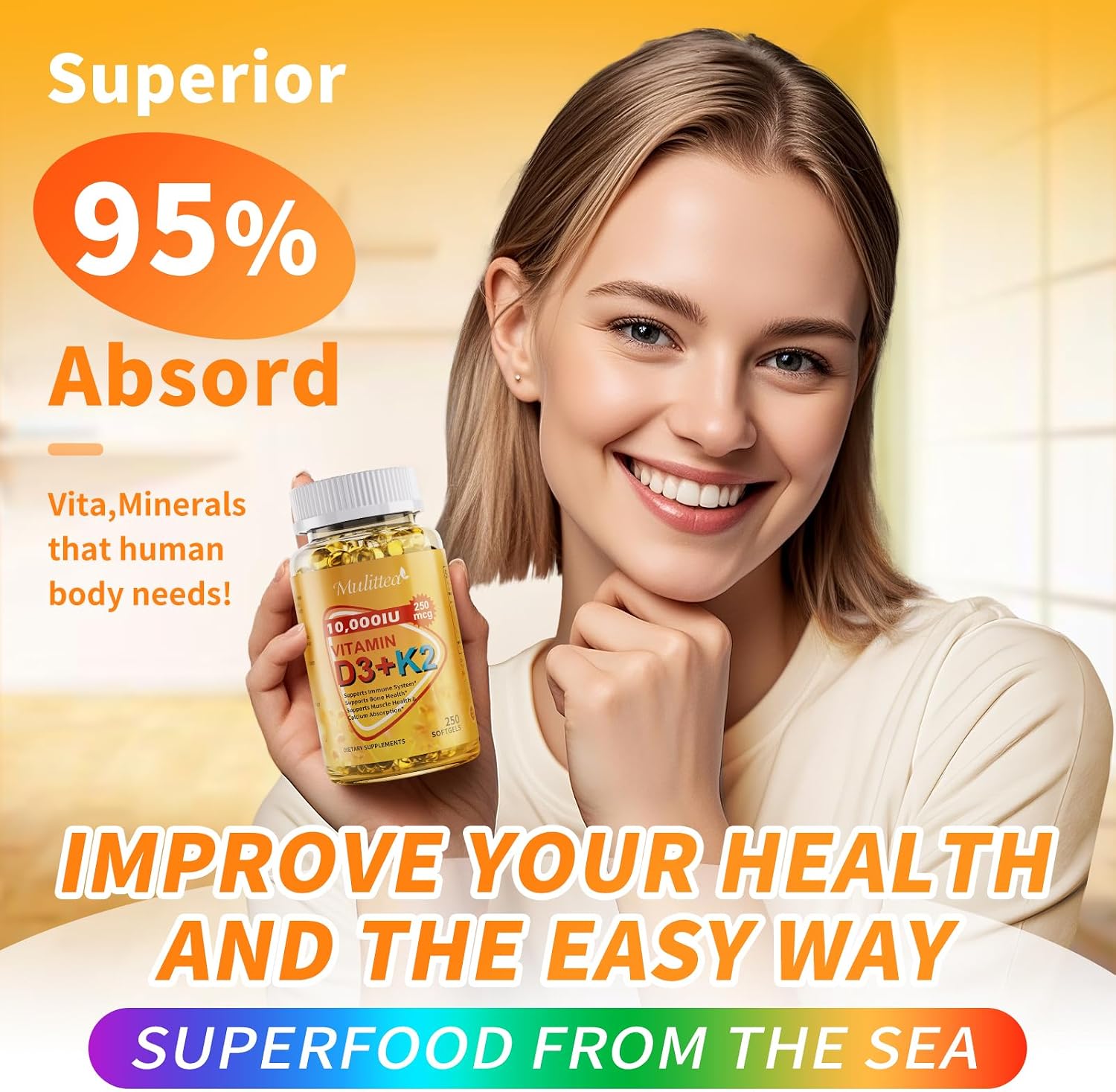 Vitamina D3 y K2 Vegana 10000 UI con MK-7 y Aceite MCT de Coco - 250 Cápsulas Blandas