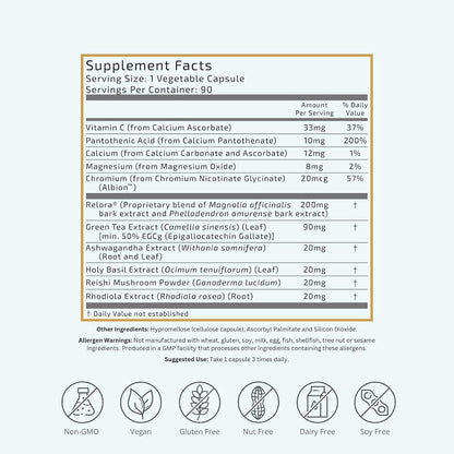 VTC VitaTradingCo. Cortisol Stress Complex | Mezcla de Hongos y Hierbas Adaptogénicas | con Relora y Ashwagandha Estudiados Clínicamente | Apoyo Adrenal y Anímico | 90 Cápsulas Veganas