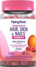 Piping Rock Vitaminas para Cabello, Piel y Uñas - 80 Gominolas - 2500 μg de Biotina - Multivitamínico con Vitamina C y E - Sabor Fruta - Vegano, Sin OGM, Sin Gluten