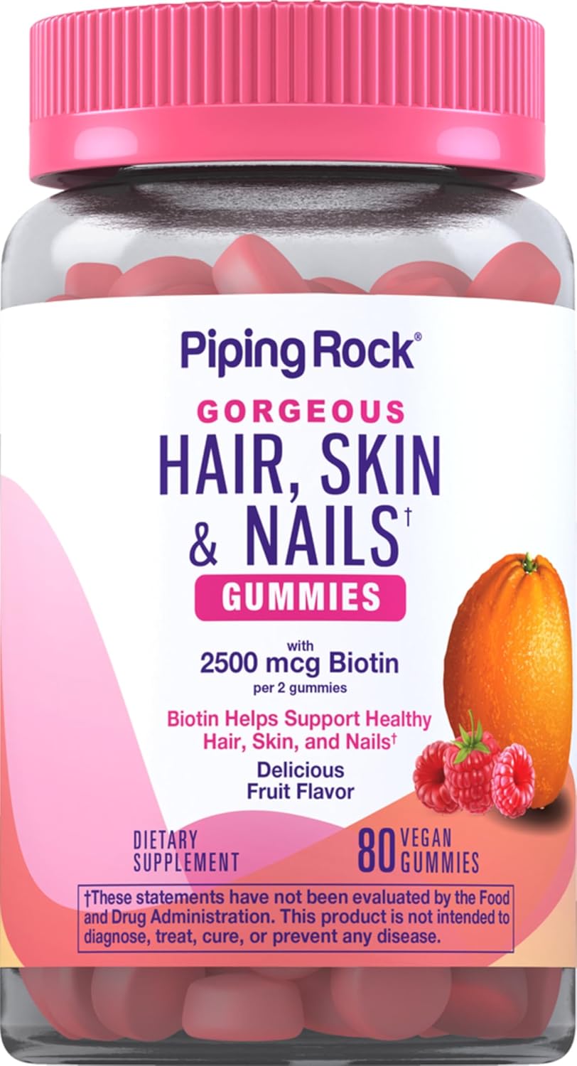Piping Rock Vitaminas para Cabello, Piel y Uñas - 80 Gominolas - 2500 μg de Biotina - Multivitamínico con Vitamina C y E - Sabor Fruta - Vegano, Sin OGM, Sin Gluten