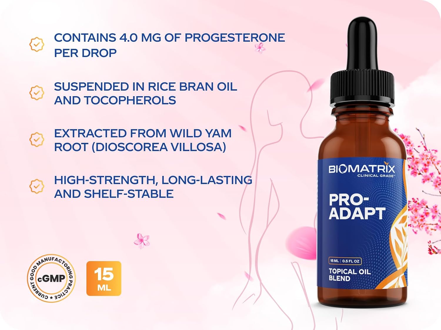 BioMatrix Progesterona, Vitamina E, Aceite de Salvado de Arroz Tópico | Envase 1/2 Lleno por Diseño | 15 ml | Pro-Adapt