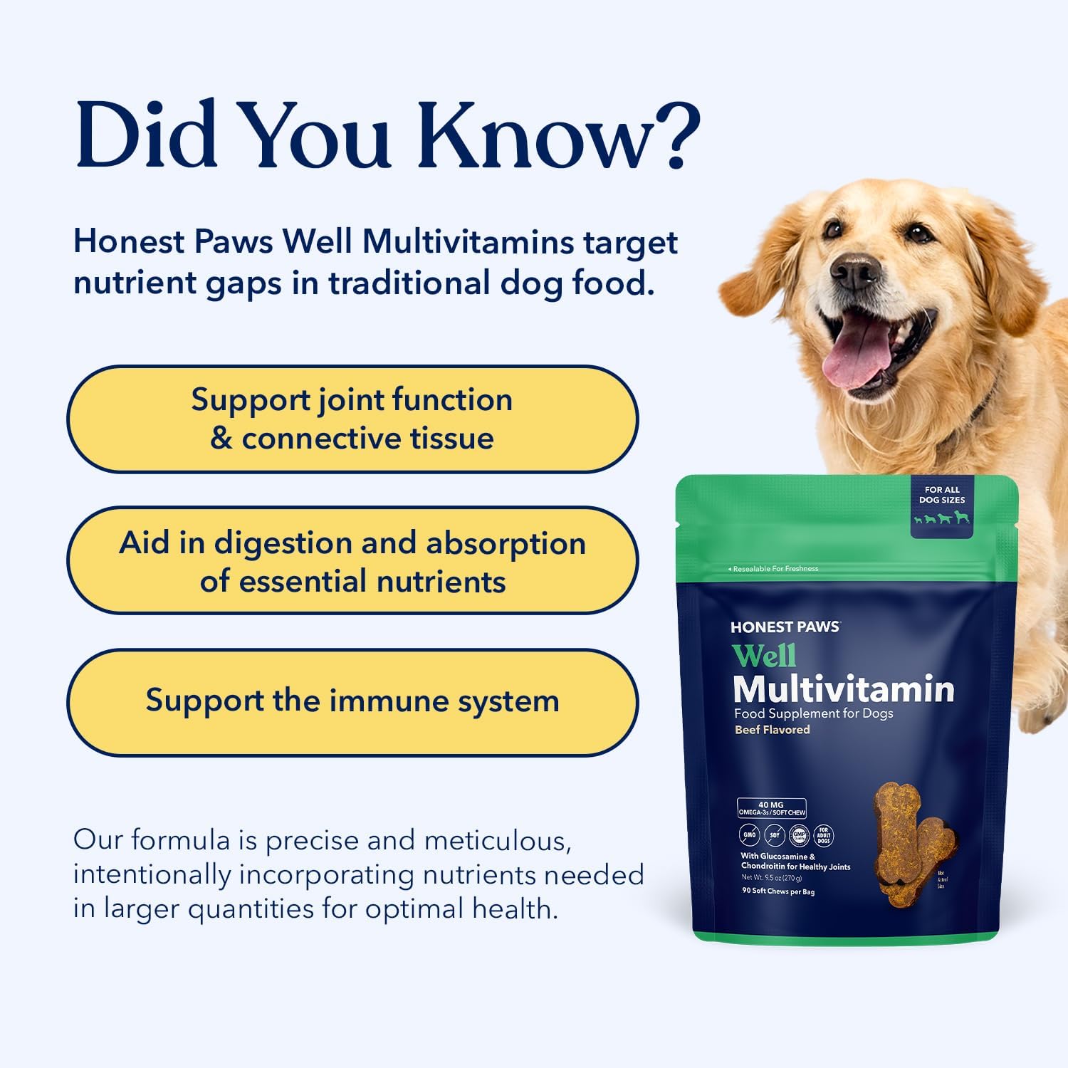 Honest Paws Multivitamínico para Perros - 90 Golosinas Blandas con Glucosamina, Condroitina y Omega-3 - Sabor a Carne de Res