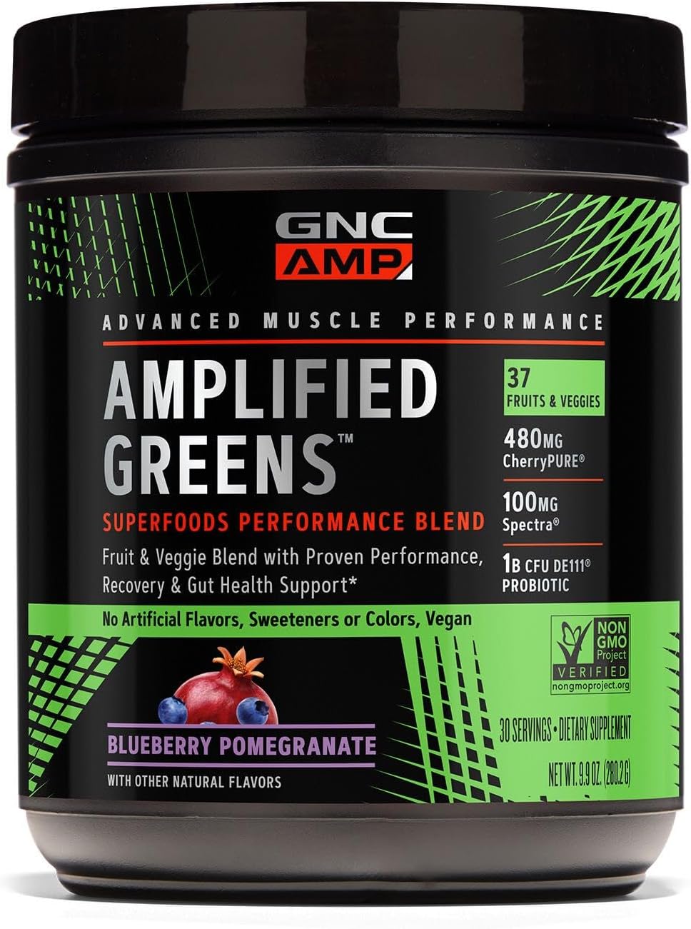 GNC AMP Amplified Greens Superfoods Performance Blend - Bebida vegana de superalimentos - Arándano y granada - 280 g (30 porciones)