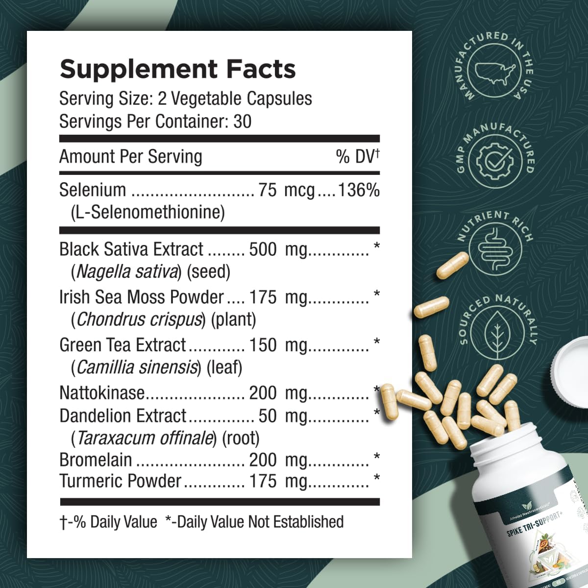 Spike Tri-Support+ con Nattokinasa, Bromelina y Cúrcuma - Incluye Extracto de Diente de León, Semilla Negra, Té Verde, Selenio y Musgo Irlandés