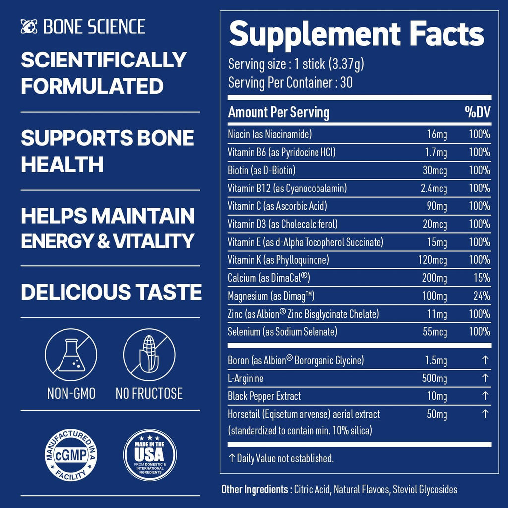 BONE SCIENCE Primeheight Multivitamínico en Polvo para Niños y Adolescentes - Sin Azúcar, Sabor Melocotón, 30 Sticks