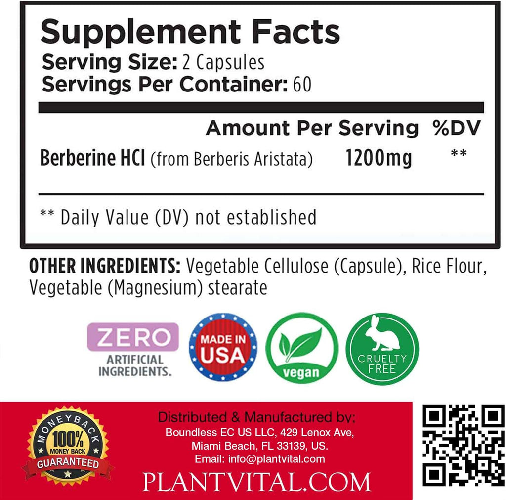 Plantvital Berberina 1200mg (2 cápsulas) - 240 Cápsulas Veganas, No OGM