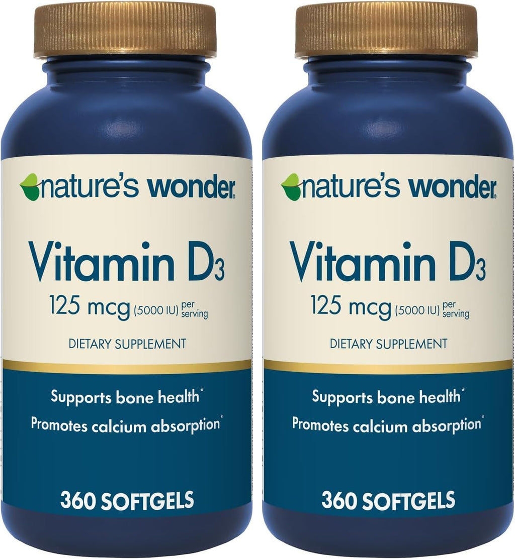 Nature's Wonder Vitamina D3 5000 UI (125 mcg) Alta Potencia, Suplemento para la Salud Ósea e Inmunidad, Sin Gluten, 360 Cápsulas Blandas, Suministro para 1 Año