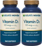 Nature's Wonder Vitamina D3 5000 UI (125 mcg) Alta Potencia, Suplemento para la Salud Ósea e Inmunidad, Sin Gluten, 360 Cápsulas Blandas, Suministro para 1 Año