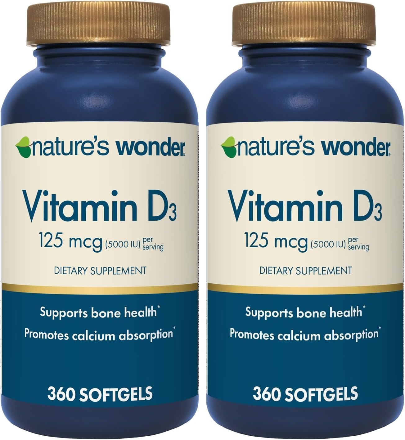 Nature's Wonder Vitamina D3 5000 UI (125 mcg) Alta Potencia, Suplemento para la Salud Ósea e Inmunidad, Sin Gluten, 360 Cápsulas Blandas, Suministro para 1 Año