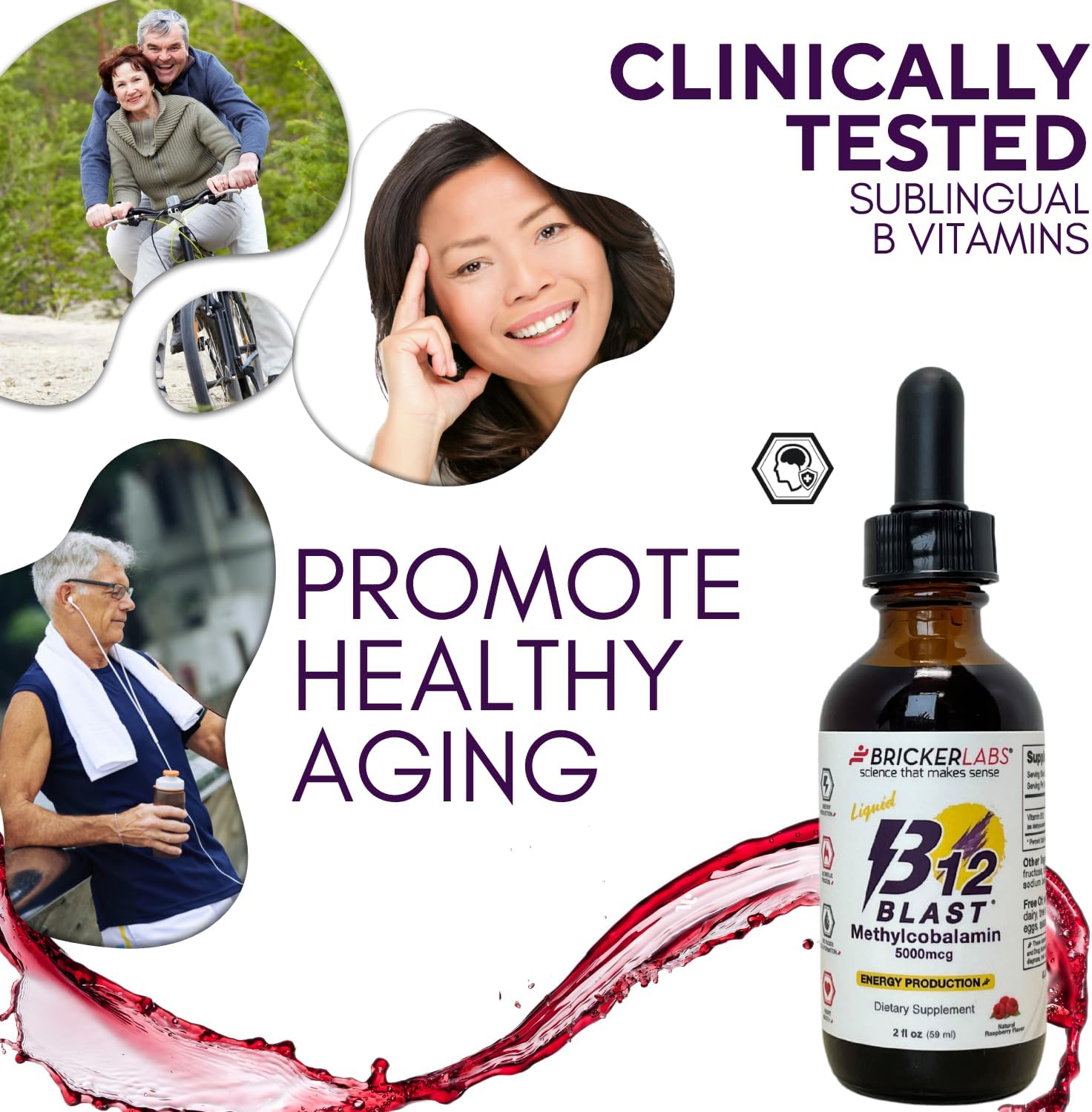 Bricker Labs B12 Blast Methylcobalamin 5000mcg, Great Tasting Sublingual Liquid Energy Vitamins -Vegan B12 Vitamins, Sustained Energy and Cellular Health Supplement - 59-Day Servings