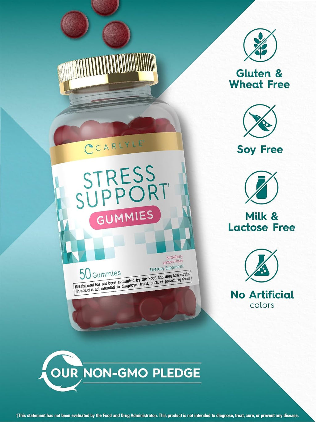 Carlyle Stress Support Gummies - 50 Gominolas con GABA y L-Teanina - Sabor Fresa y Limón - Sin Gluten y No GMO