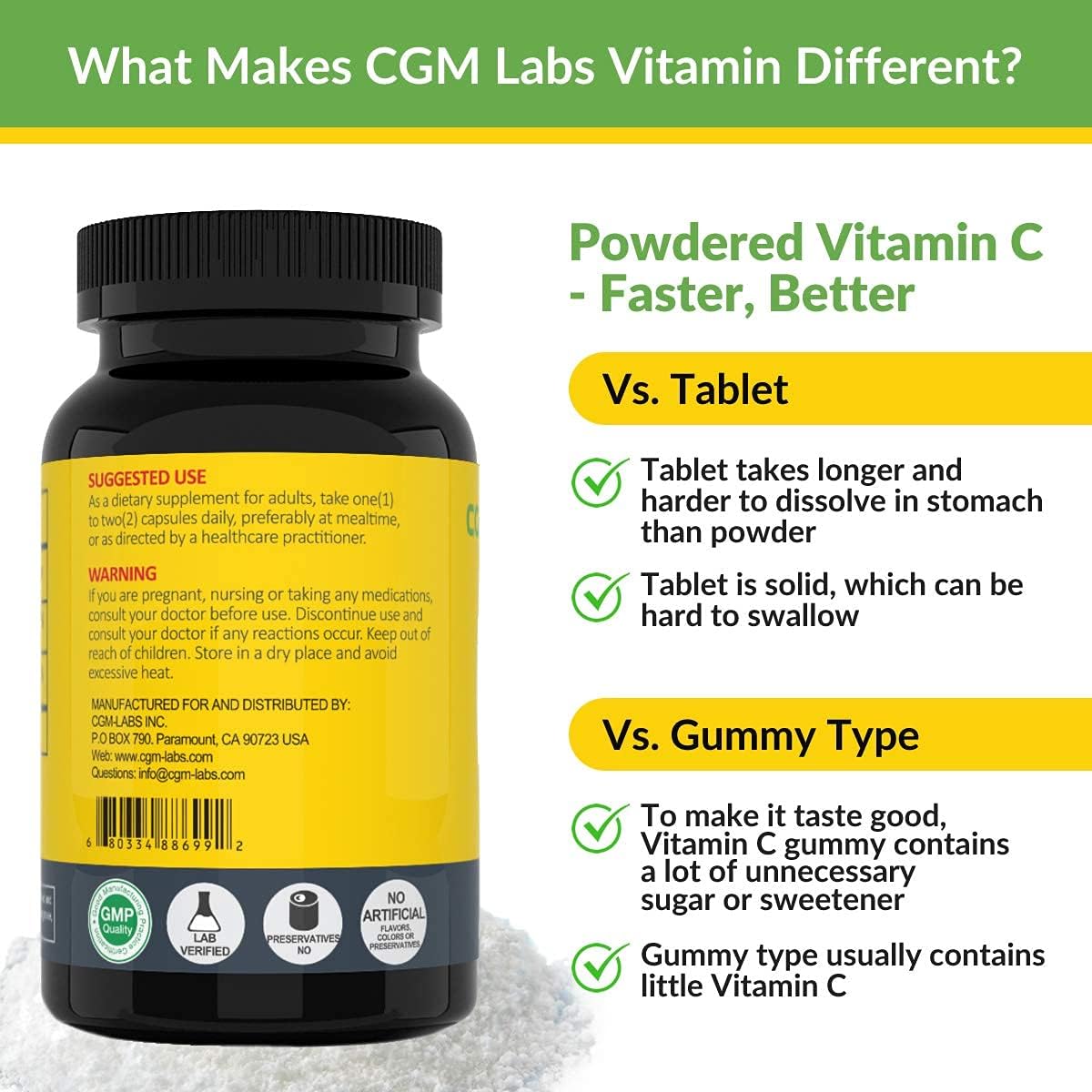 Suplemento de Vitamina C No Ácida 1500 mg con Calcio - Suave para el Estómago - 100 Cápsulas - CGM Labs