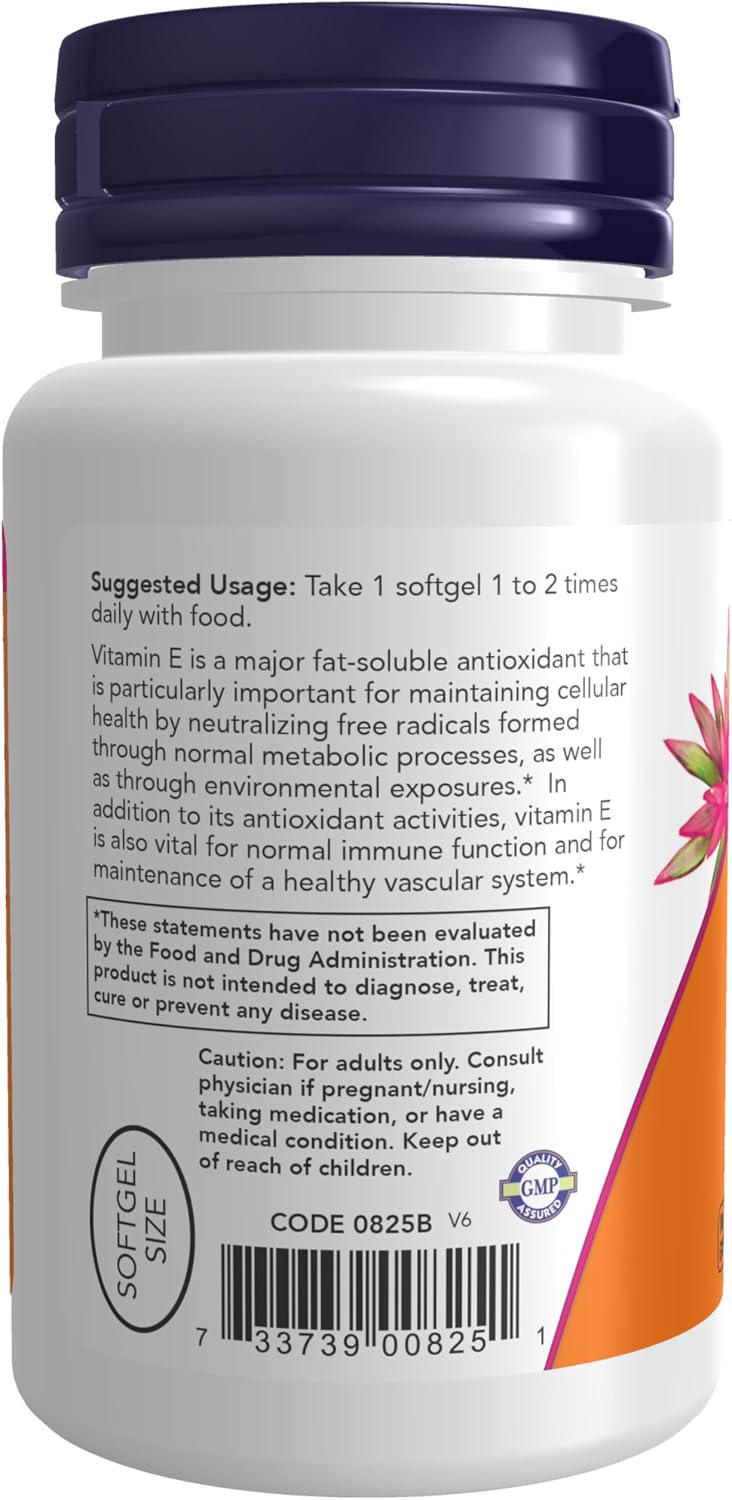 NOW Foods Vitamin E-200 IU, D-Alpha Tocopherol, Antioxidant Protection, 100 Softgels